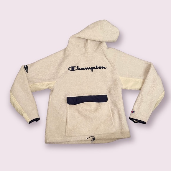 Champion Logo Sherpa Fleece Pullover Hooded Sweater Kangaroo Pouch Size Women M - Picture 2 of 5